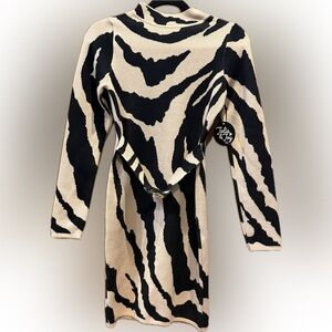 Jolie & Joy Zebra Animal Print Sweater Dress Mock Neck Belted Size M NWT